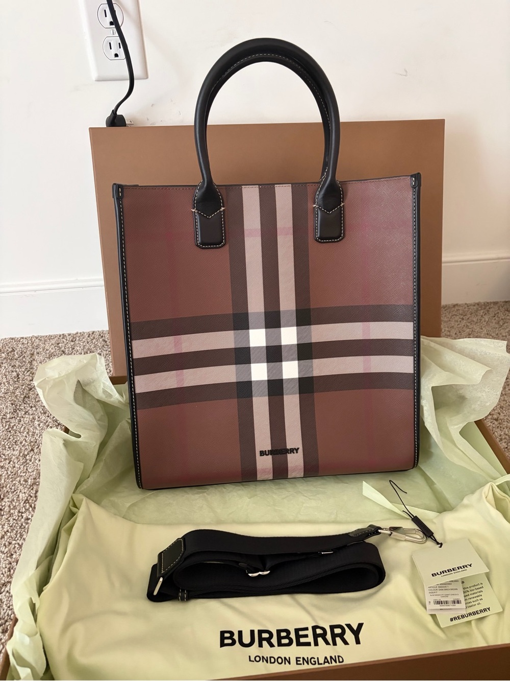 Burberry Brown and Black Check Leather-Trim Tote